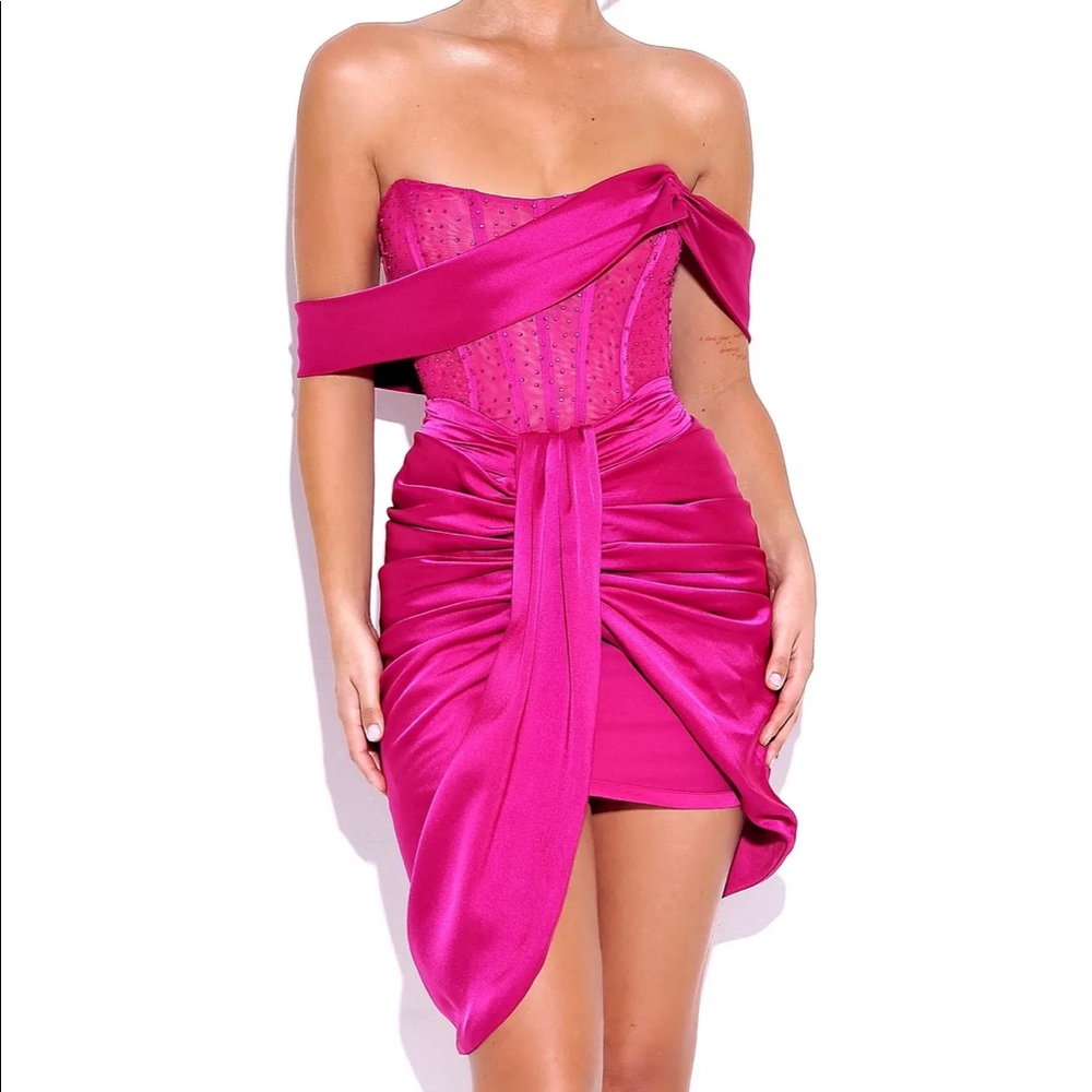 Darlene Fuchsia Off Shoulder Corset Satin Dress with Crystals
New with tags S4-6